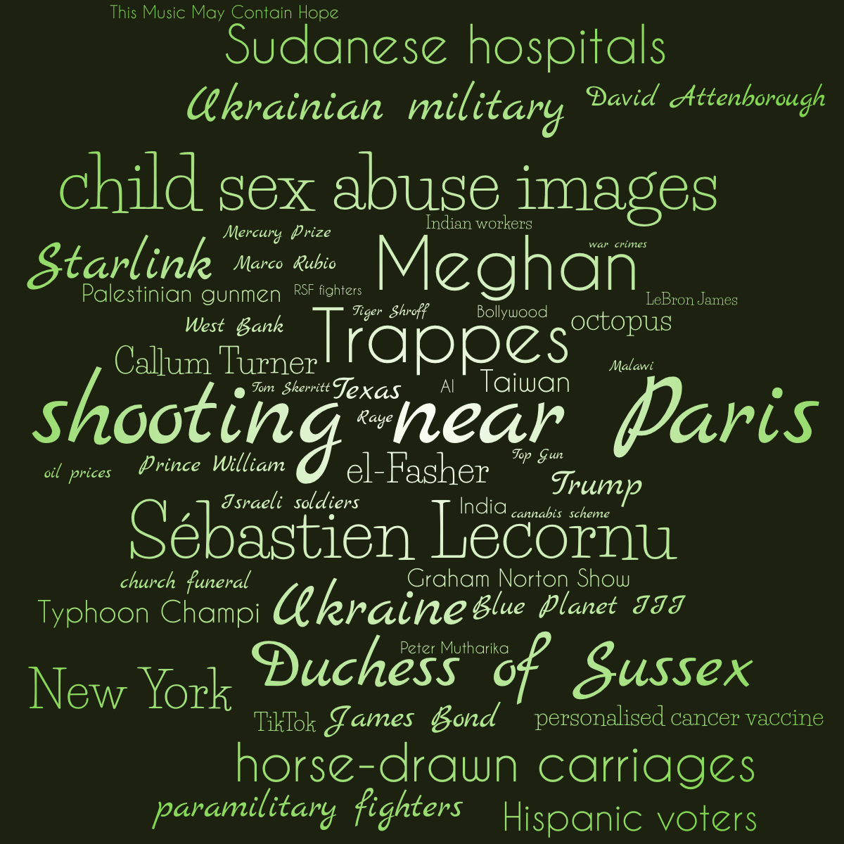 Word cloud with 50 words like shooting near Paris, Sébastien Lecornu and Trappes in yellow and green.