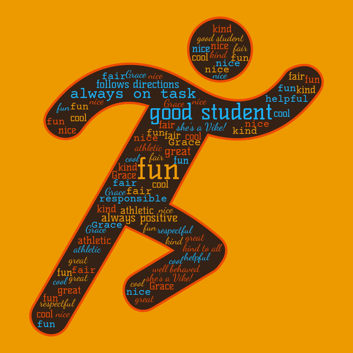 Word cloud in a Human Running shape with 26 words like cool, fun and great in multicolor.