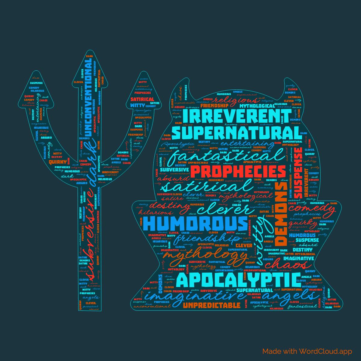 Word cloud of the book Good Omens in a Halloween Devil shape with 30 words like Apocalyptic, humorous and satirical.