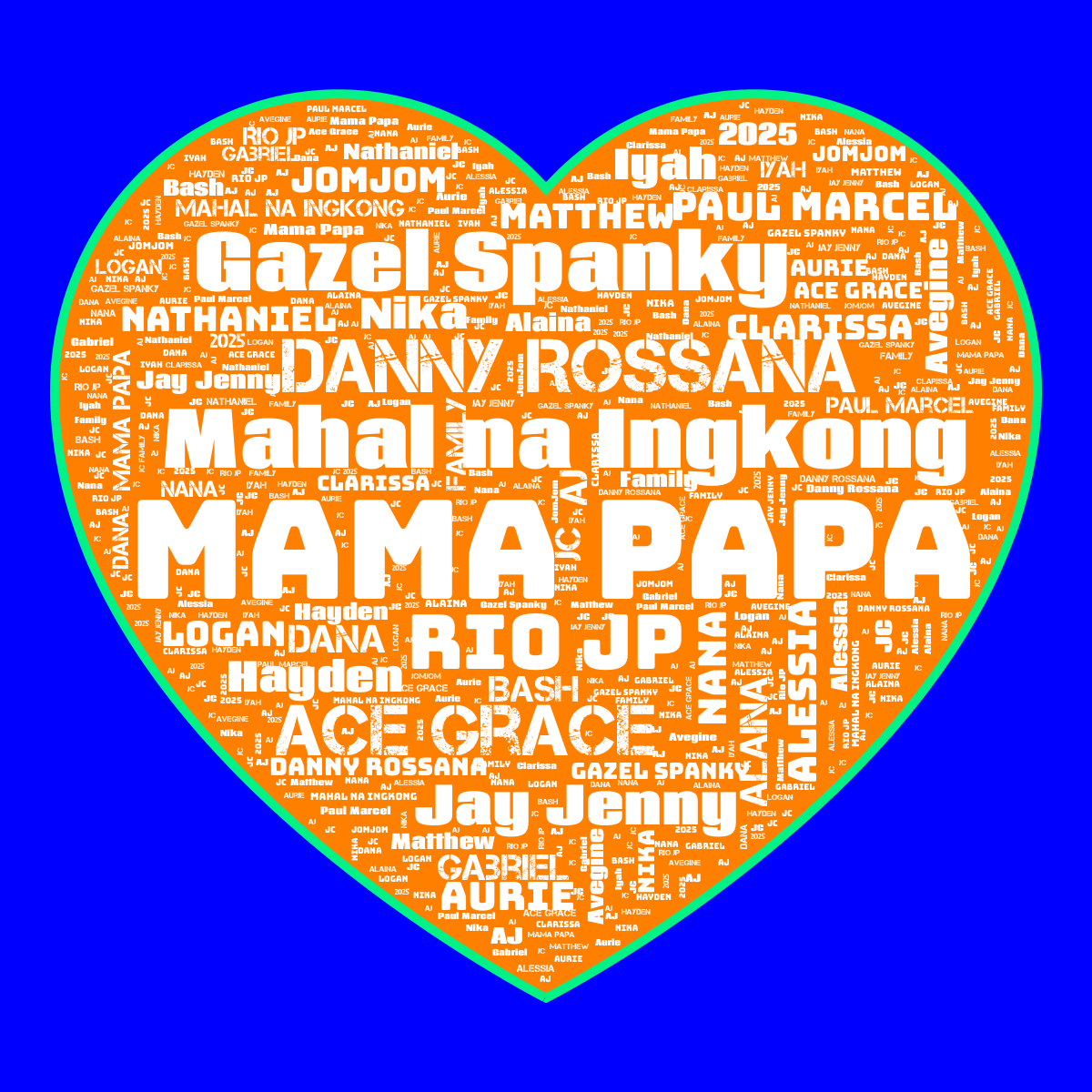 Word cloud in a Heart shape with 28 words like Mama Papa, Mahal na Ingkong and Rio JP in multicolor.