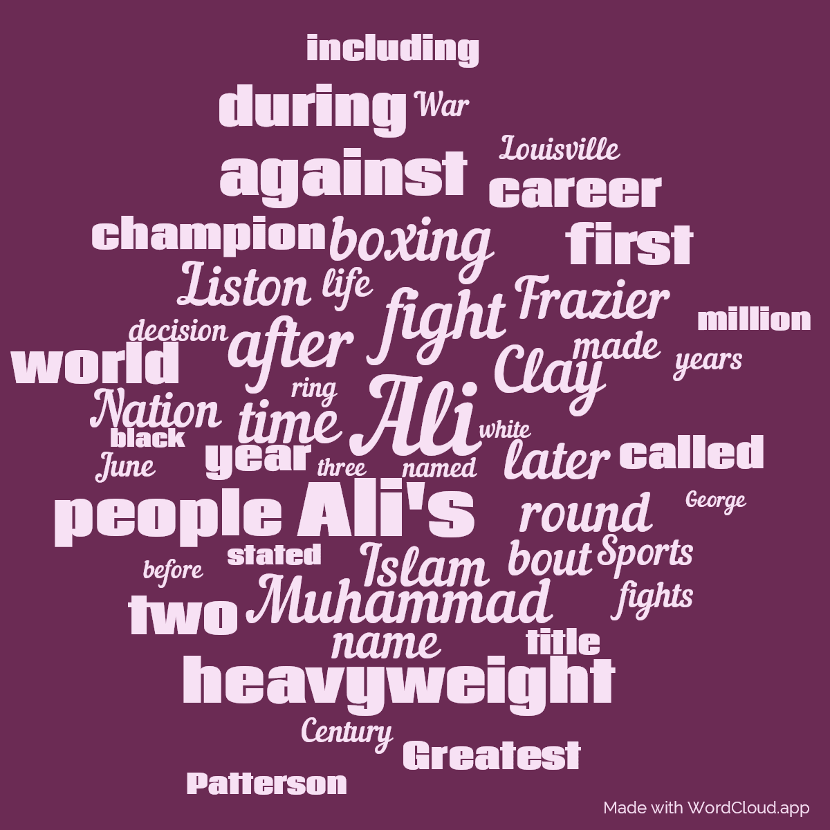 Word cloud with 50 words like Ali, fight and Ali's in purple and pink.