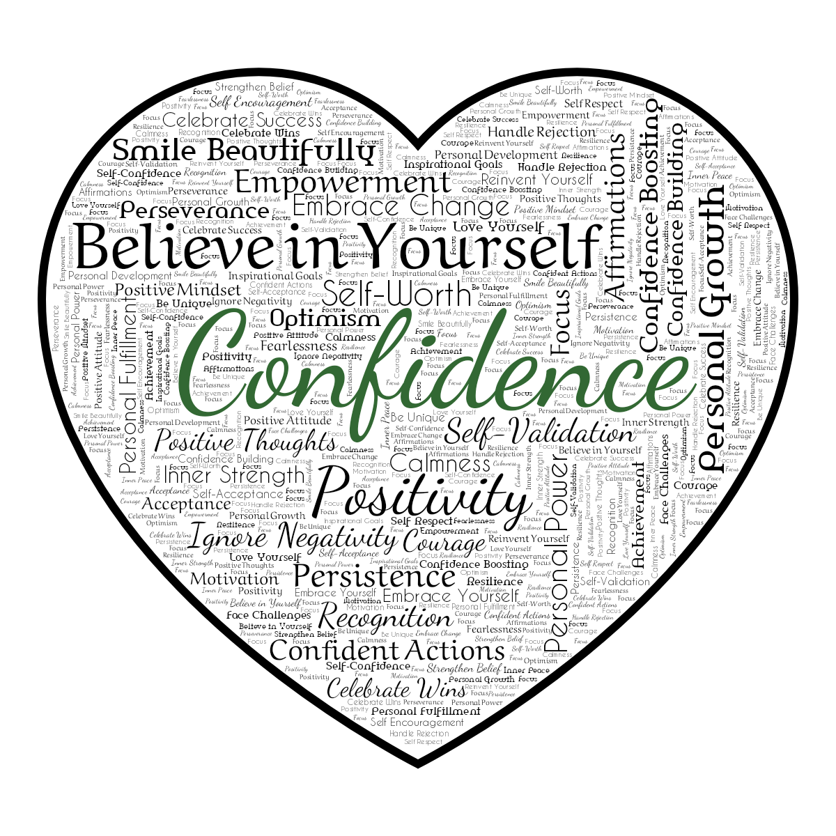 Word cloud in a Heart shape with 47 words like Believe in Yourself, Positivity and Personal Growth in black and white.