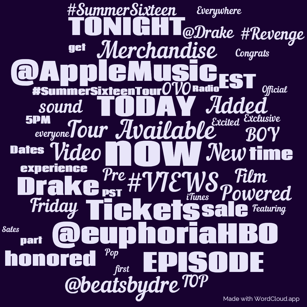 Word cloud with 50 words like now, Available and #VIEWS in blue and purple.