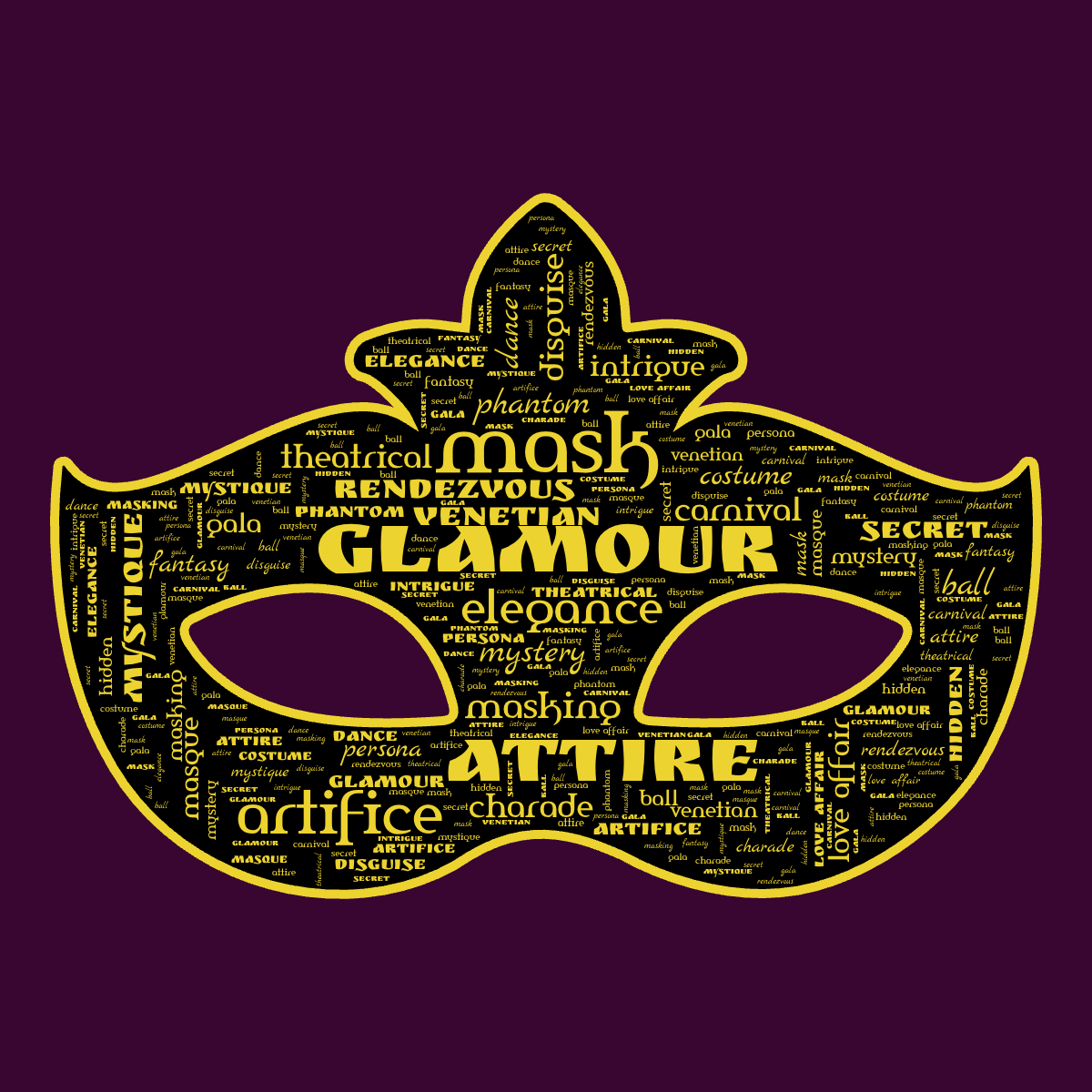 Word cloud in an Eye Mask shape with 26 words like mask, ball and costume in yellow, purple and black.