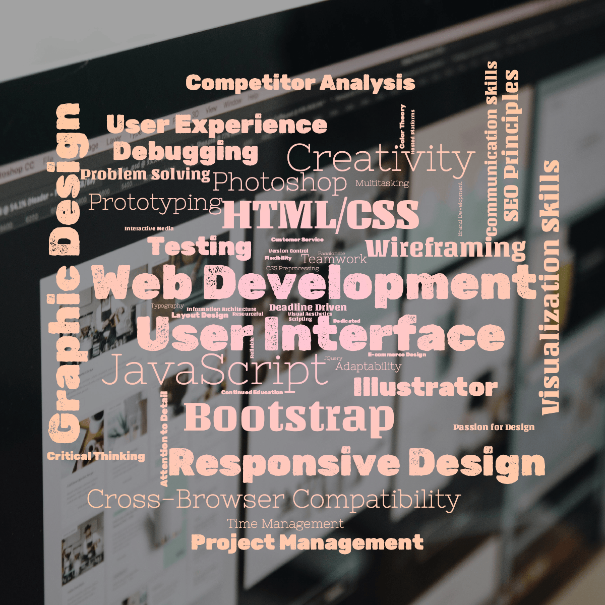 Word cloud with 50 words like Web Development, User Interface and Graphic Design in light pink and orange.