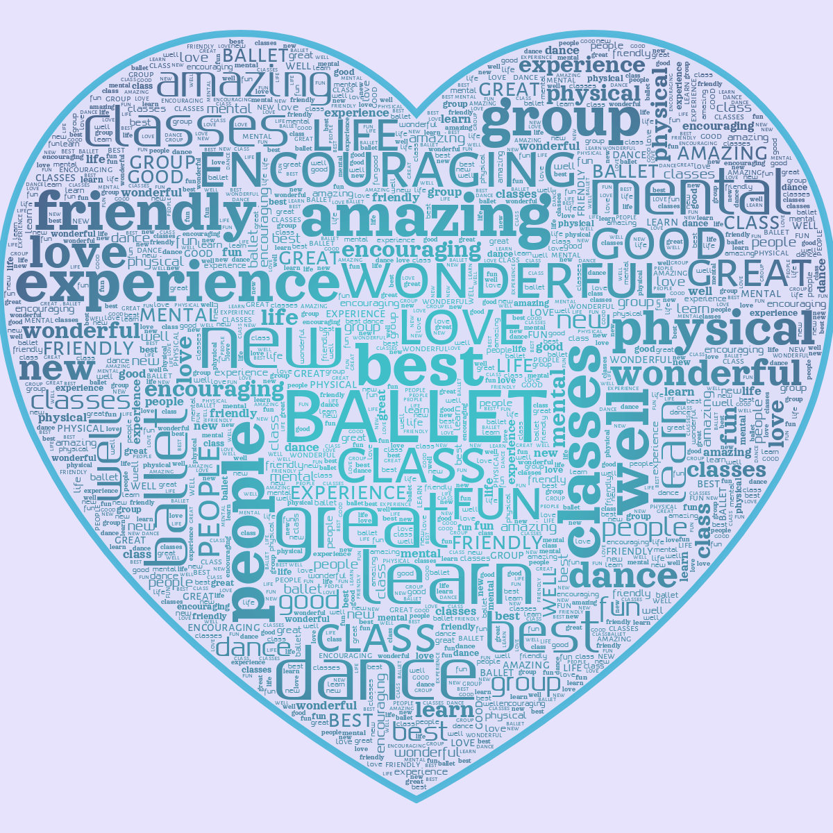 Word cloud in a Heart shape with 22 words like ballet, class and classes in blue and purple.