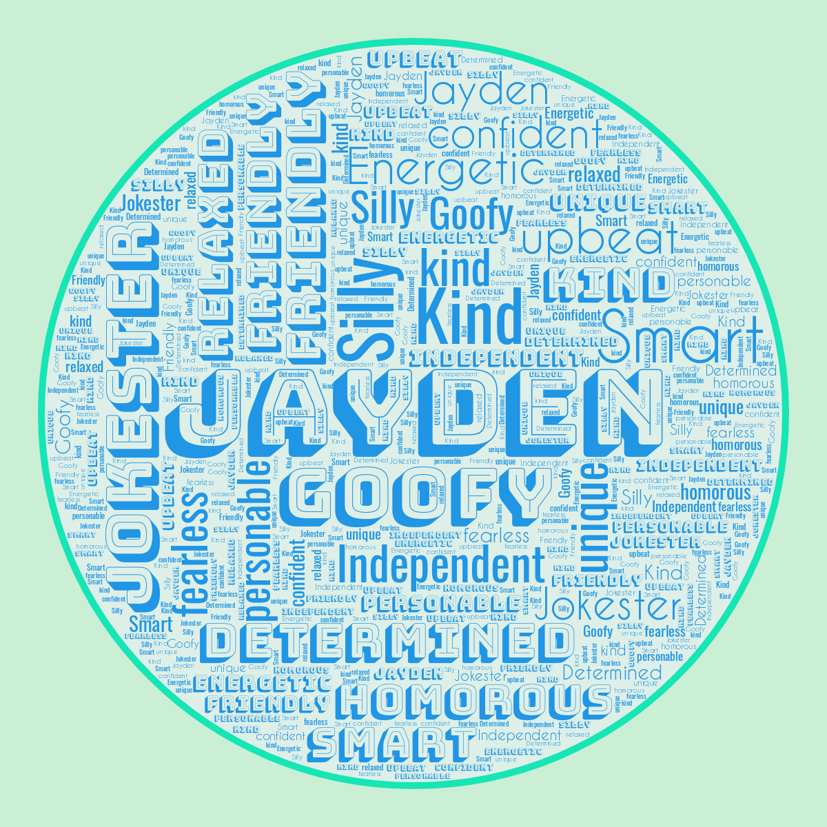 Word cloud in a Circle shape with 18 words like Jayden, Silly and Goofy in blue and green.