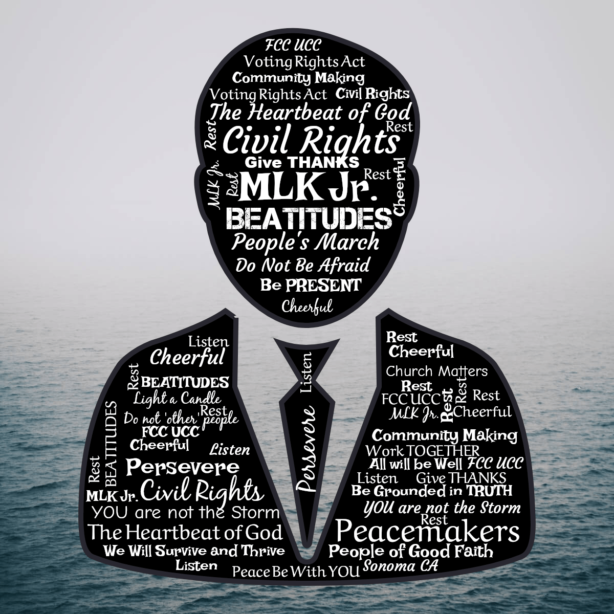 Word cloud in a Man Face shape with 43 words like The Heartbeat of God, The Book of Joy and We Will Survive and Thrive in white, black and blue.