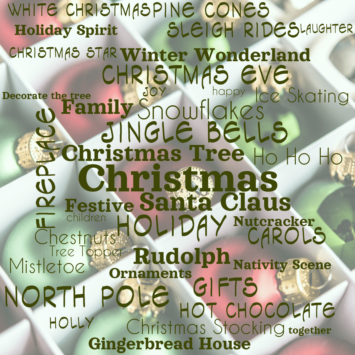 Word cloud with 38 words like Christmas, Santa Claus and Christmas Tree in dark green.