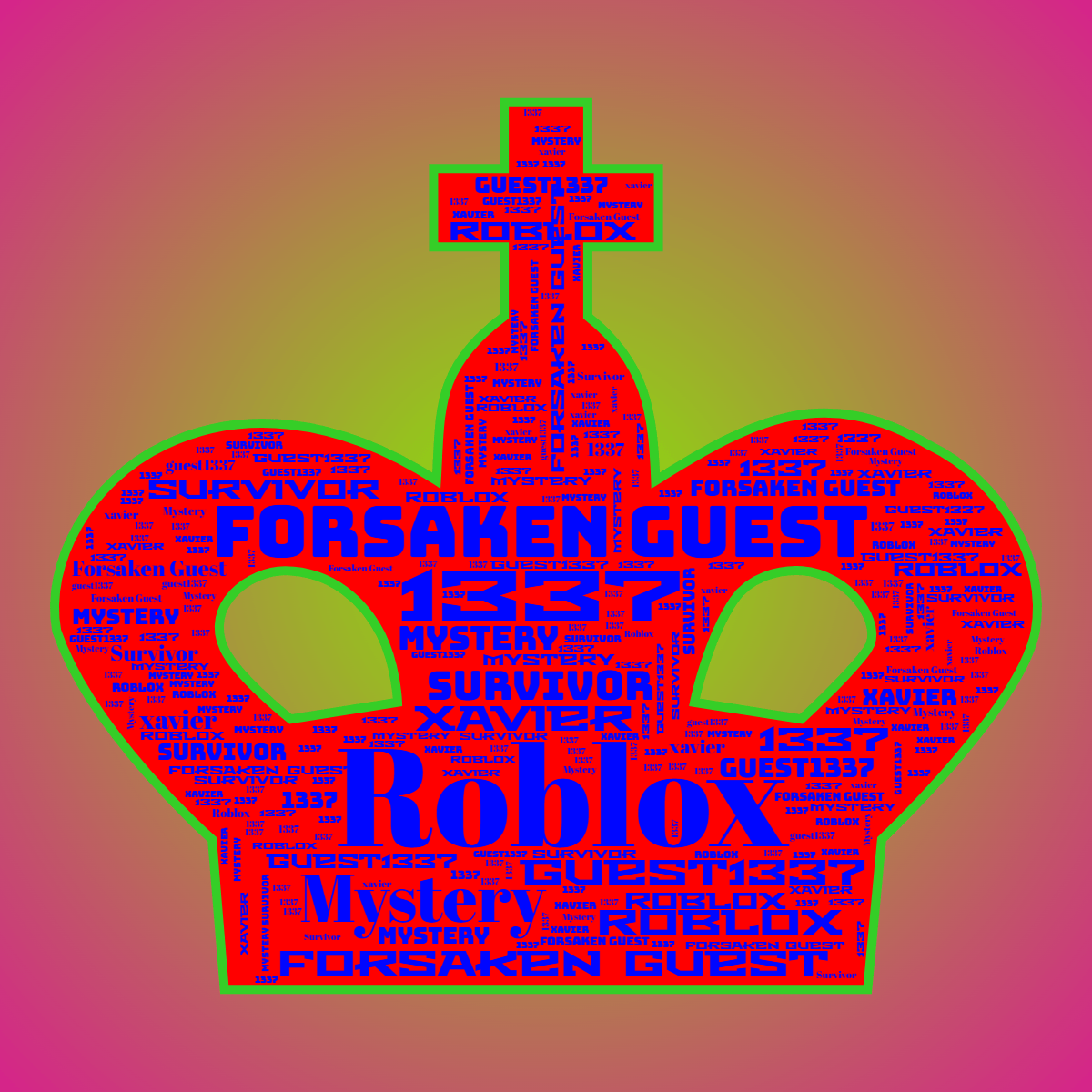 Word cloud in a Chess King shape with 7 words like Roblox, Forsaken Guest and 1337 in bright multicolor.