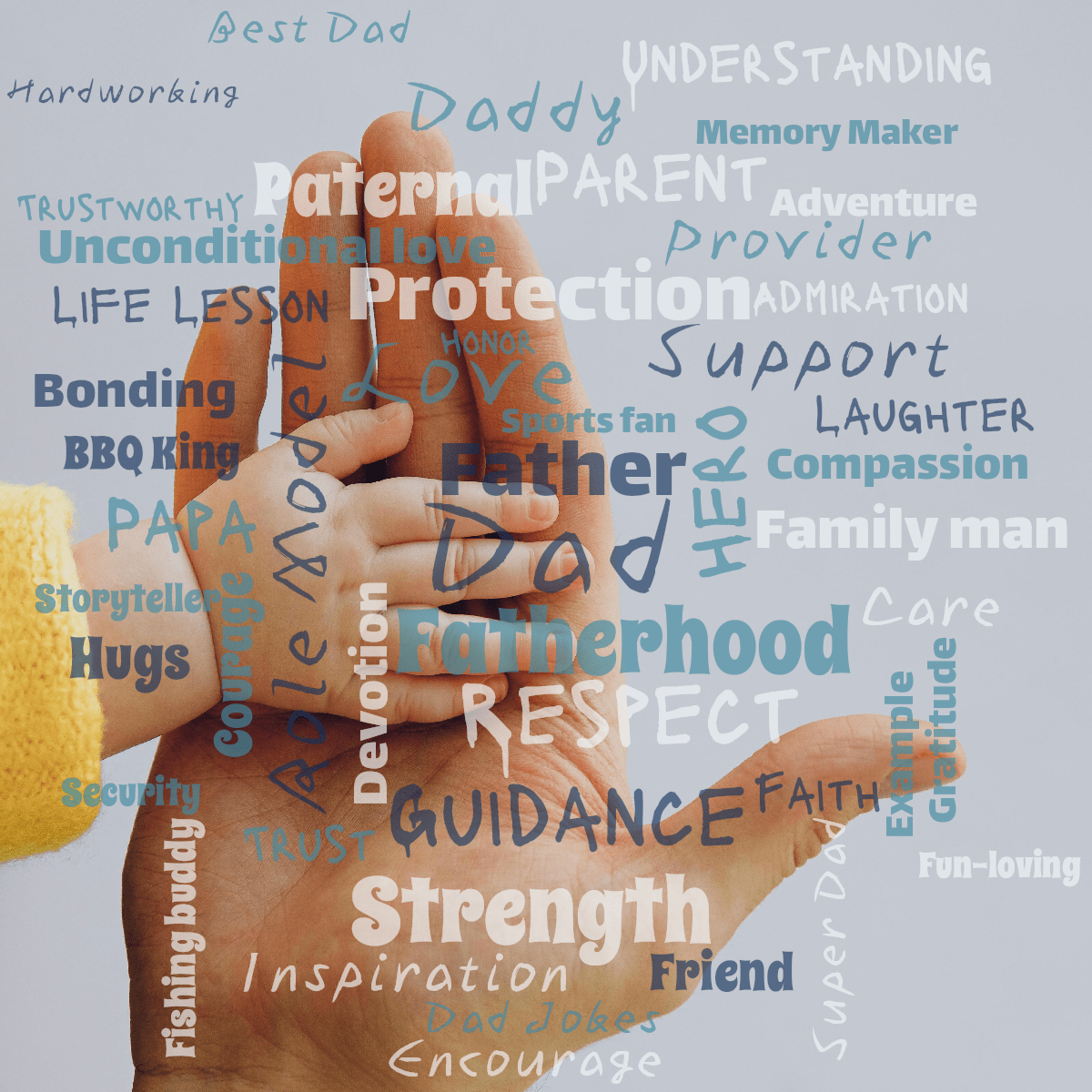 Word cloud with 49 words like Dad, Father and Fatherhood in blue.