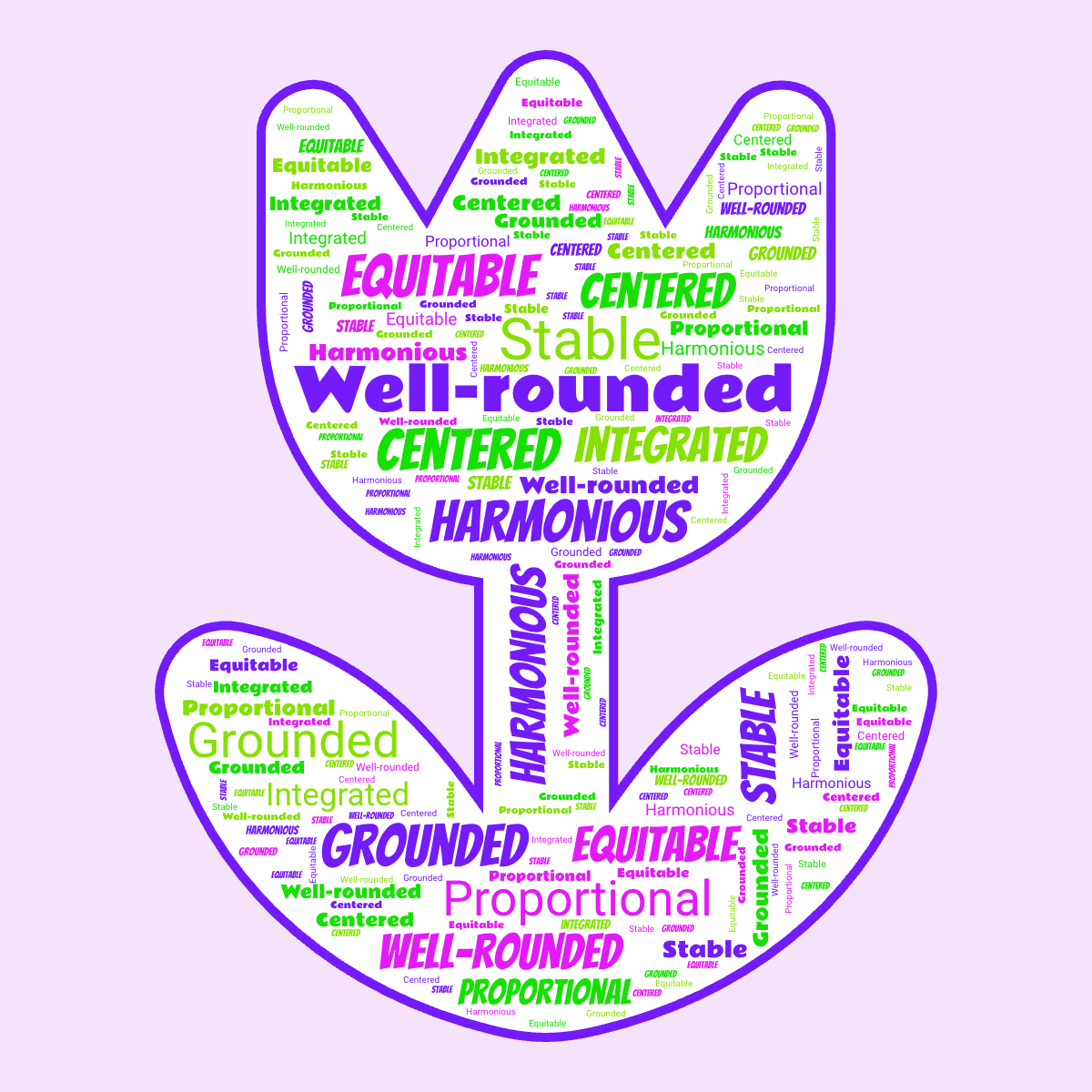 Word cloud in a Flower shape with 8 words like Well-rounded, Harmonious and Stable in purple, green and white.