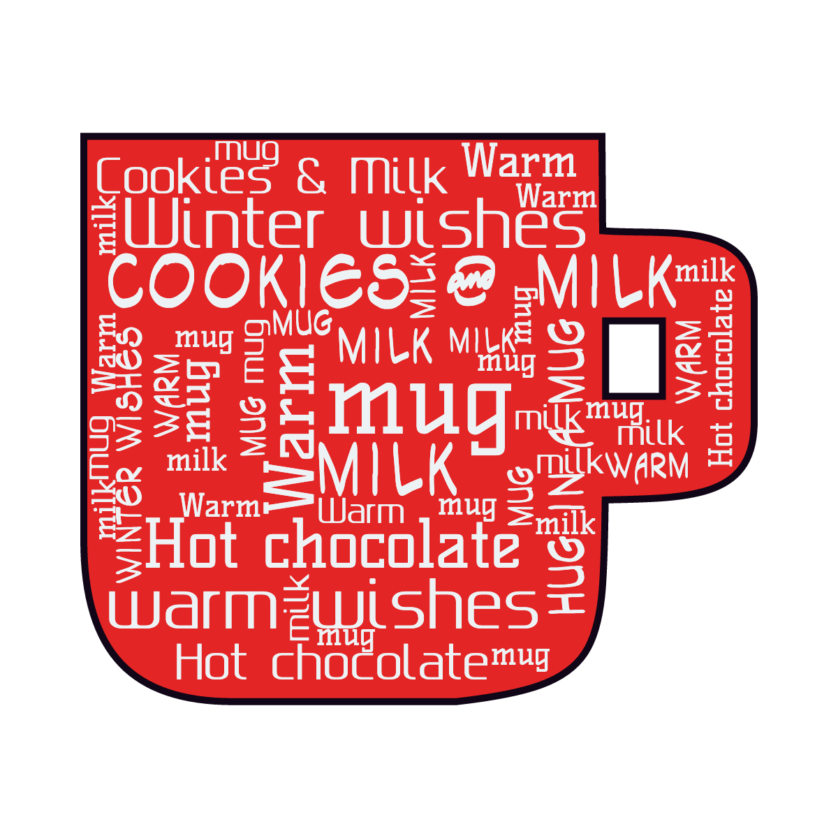 Word cloud in a Coffee Mug shape with 8 words like mug, milk and Cookies & Milk in blue, red and black.