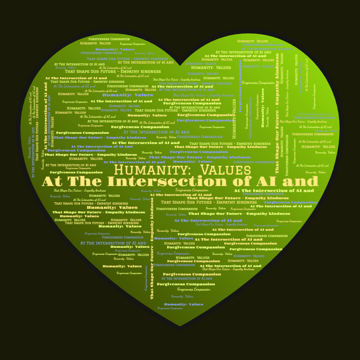 Word cloud in a Heart shape with 4 words like At The Intersection of AI and , Humanity: Values and That Shape Our Future - Empath in multicolor.