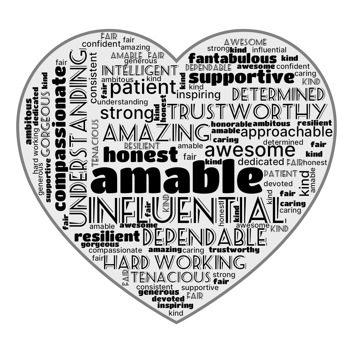 Word cloud in a Heart shape with 31 words like amable, influential and understanding in black and gray.