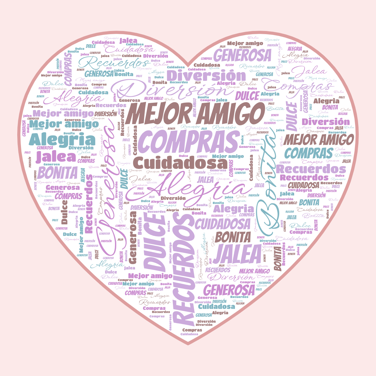 Word cloud in a Heart shape with 10 words like Mejor amigo, Compras and Jalea in multicolor.