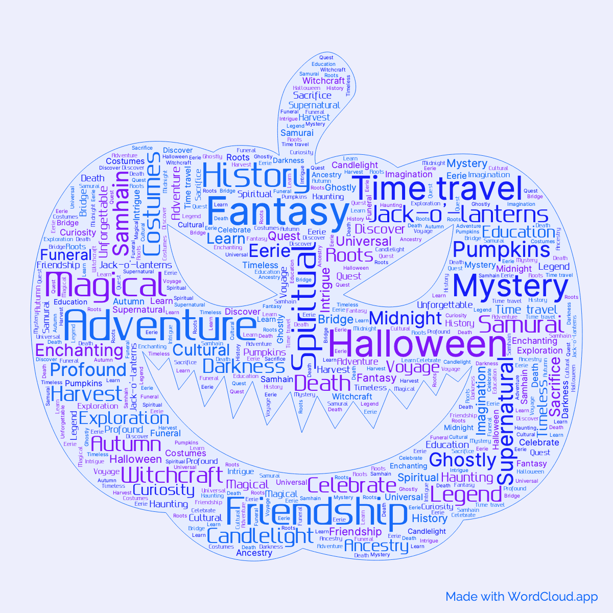 Word cloud of the book The Halloween Tree in a Pumpkin shape with 47 words like Adventure, Fantasy and Halloween.