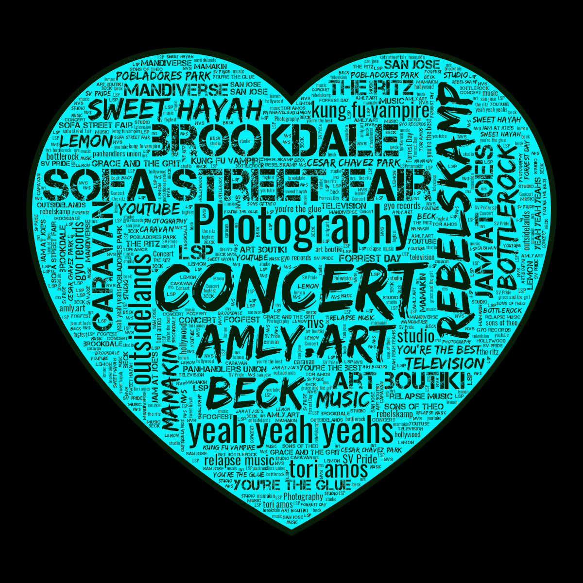 Word cloud in a Heart shape with 40 words like Concert, amly.art and Photography in green, black and blue.
