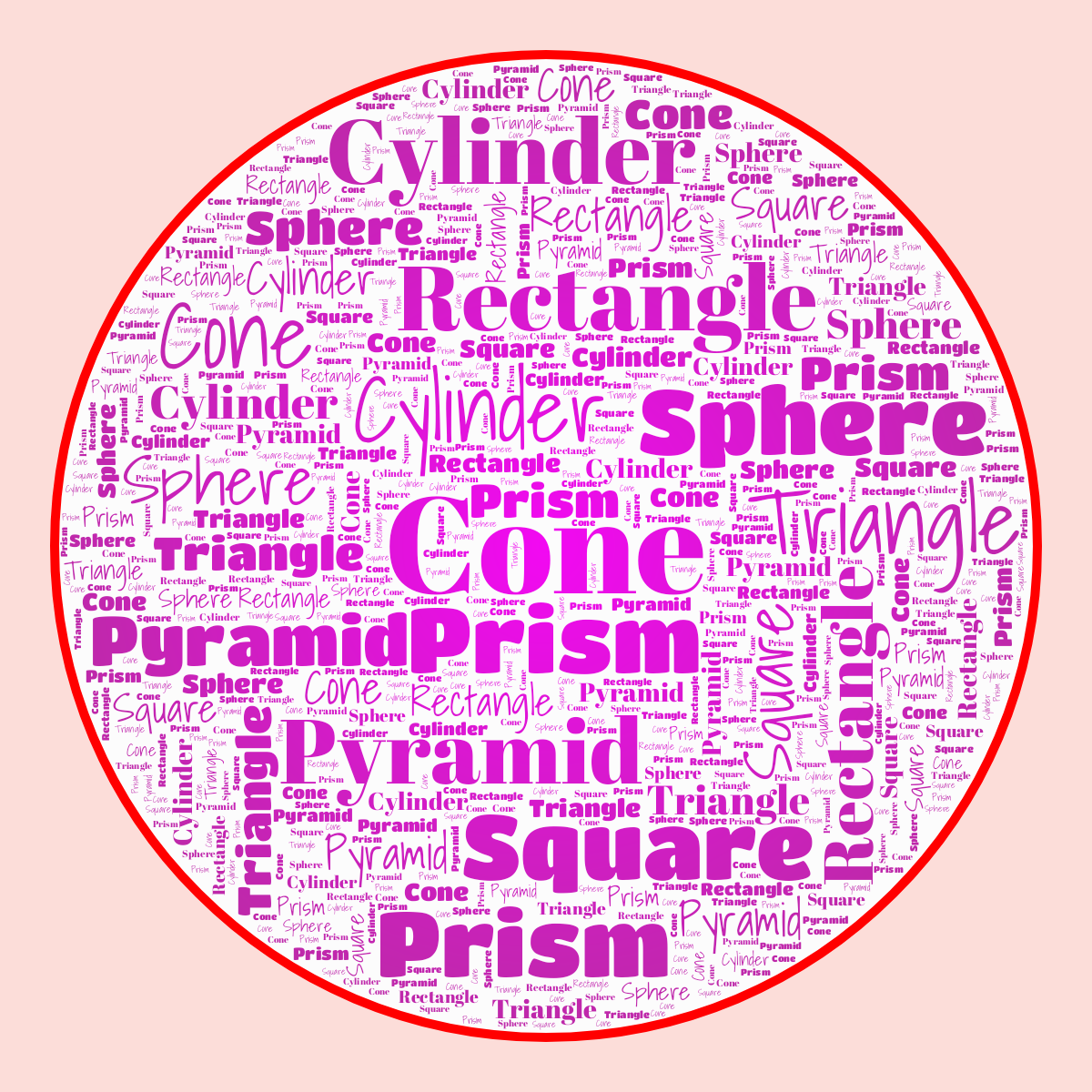 Word cloud in a Circle shape with 8 words like Cone, Cylinder and Prism in multicolor.