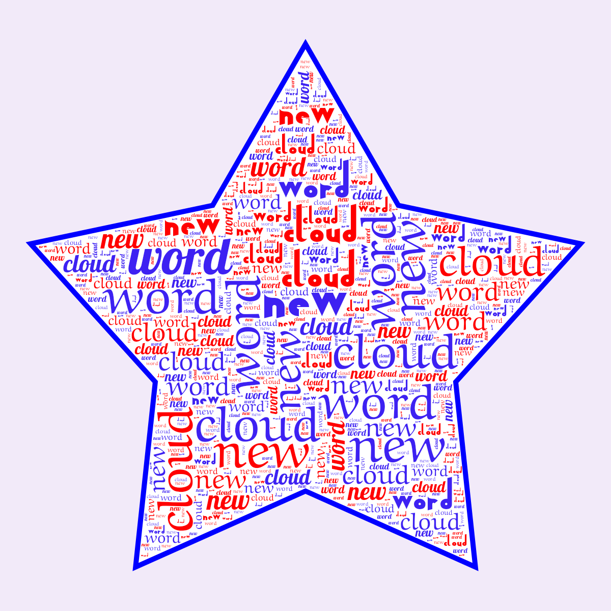 Word cloud in a Star shape with 3 repeated words like new, word and cloud in multicolor.