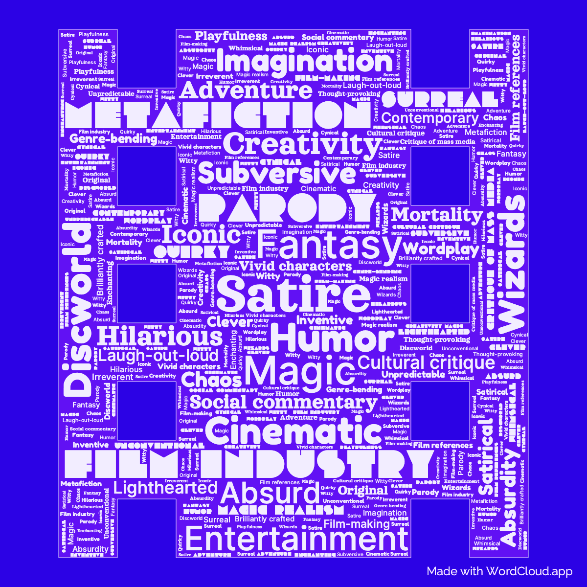 Word cloud of the book Moving pictures in a Movie Film shape with 49 words like Satire, Fantasy and Humor.