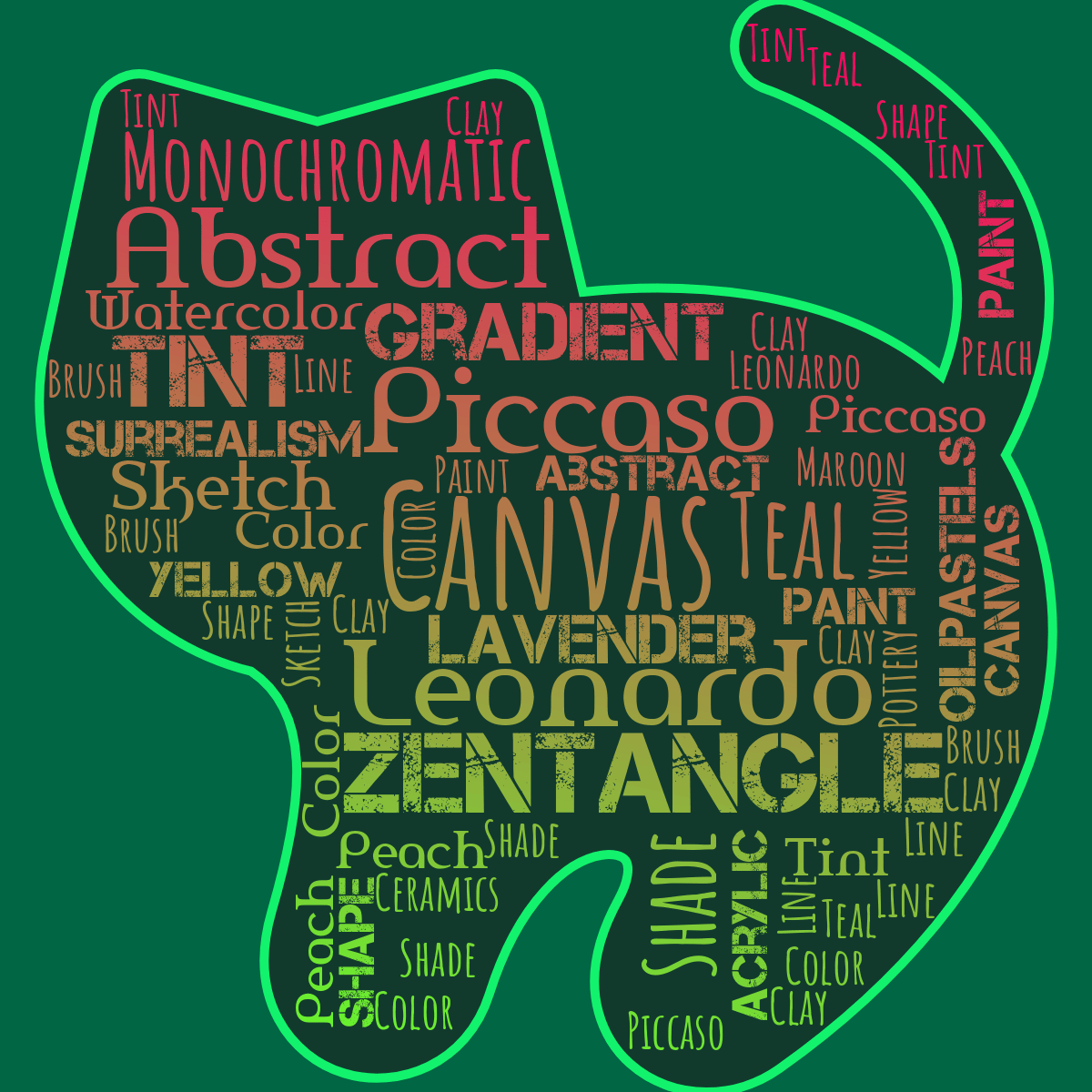 Word cloud in a Cat shape with 30 words like Canvas, Piccaso and Leonardo in green and pink.