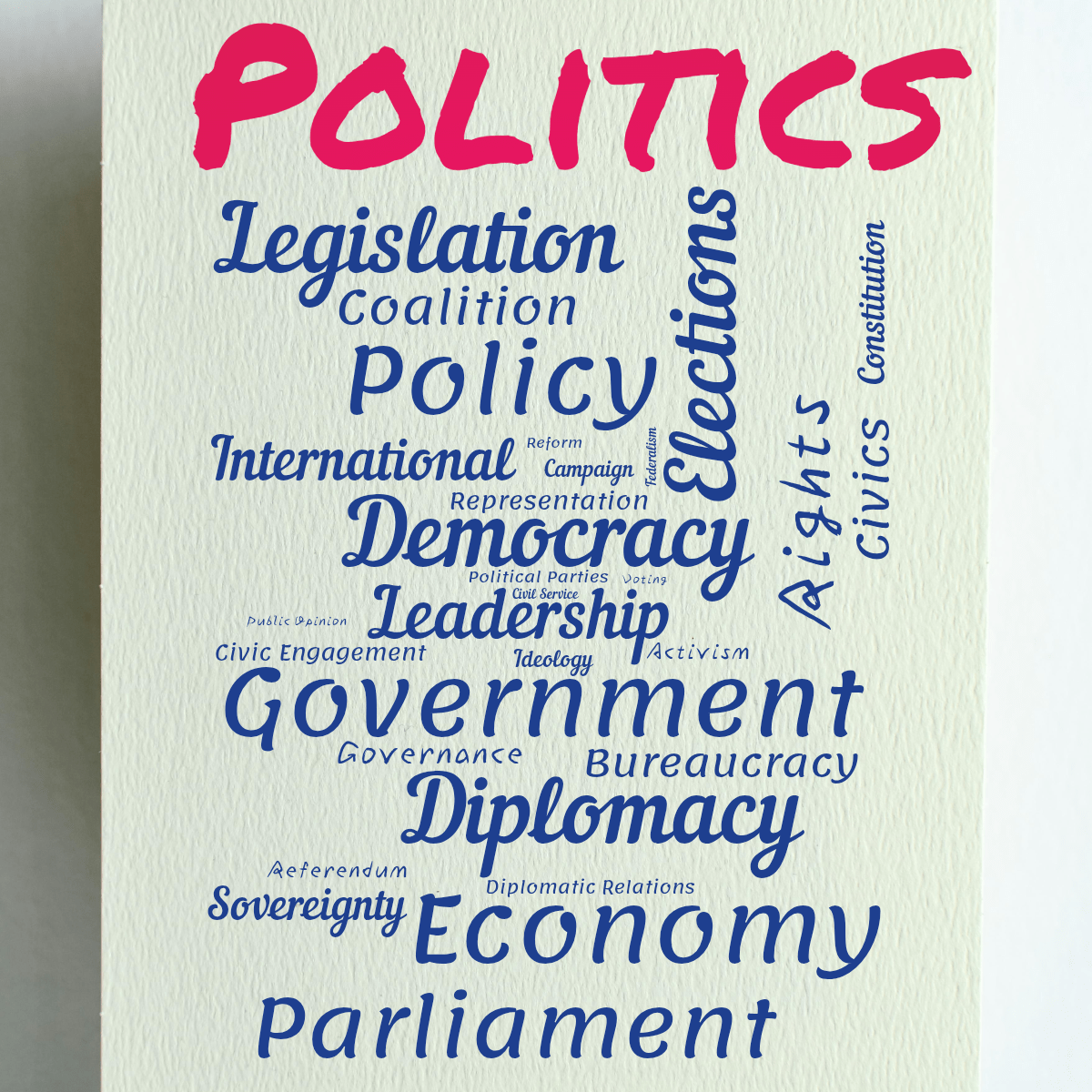 Word cloud in a Vertical Rectangle shape with 30 words like Democracy, Elections and Government in blue.