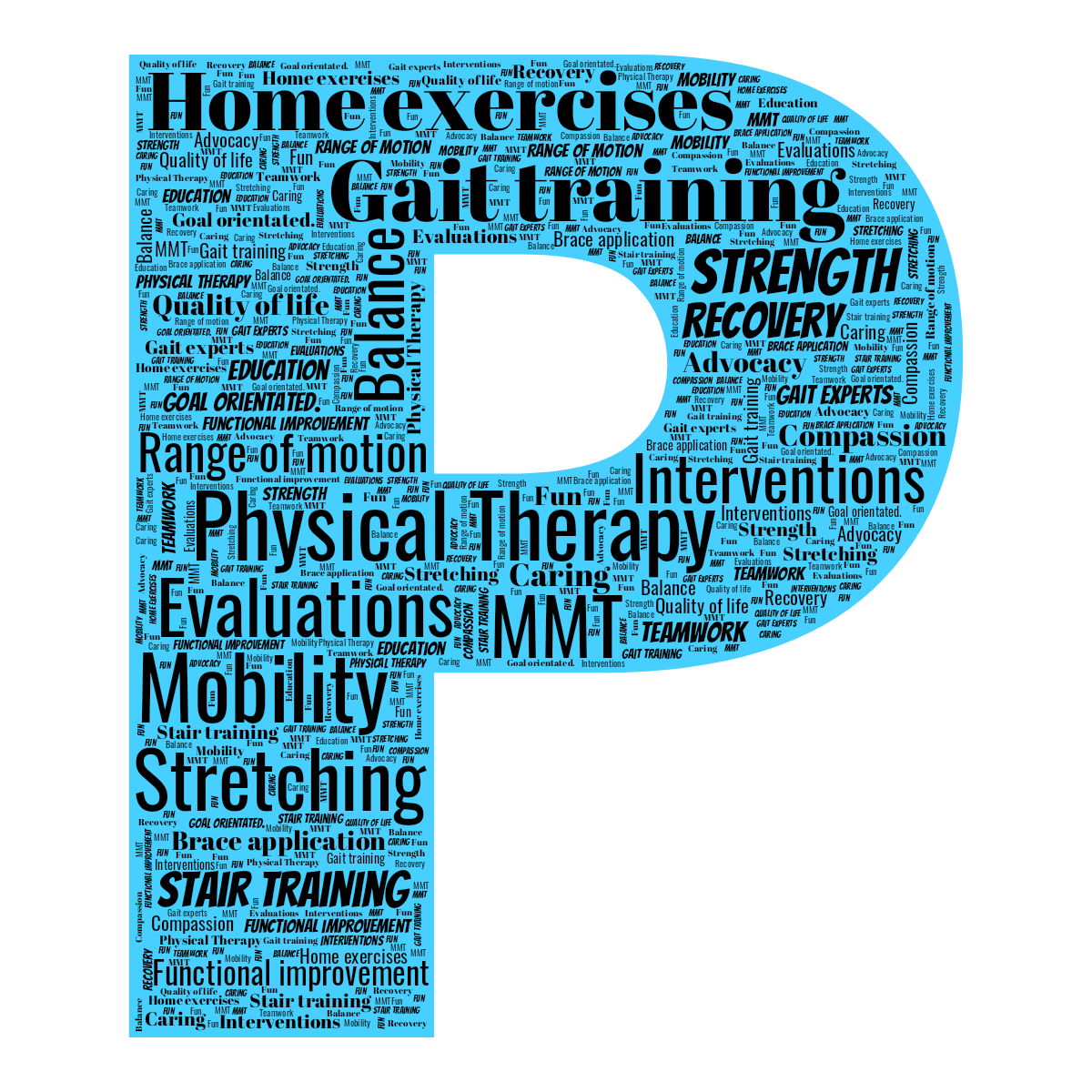 Word cloud in the shape of the letter P with 24 words like Physical Therapy, Mobility and Gait training in black and blue.