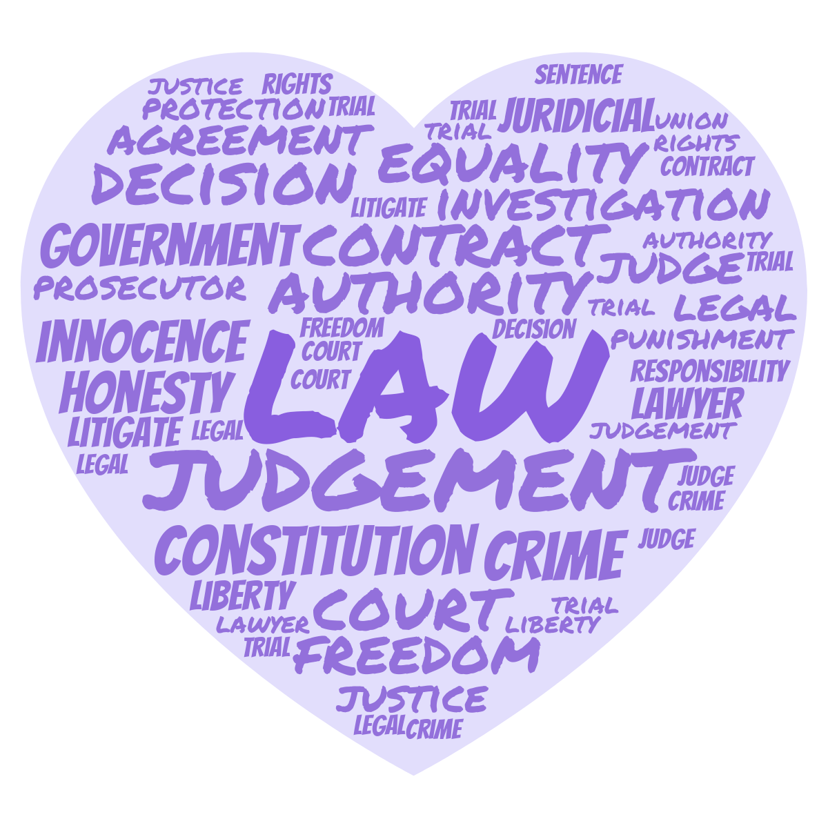 Word cloud in a Heart shape with 29 words like judgement, authority and constitution in purple, white and blue.