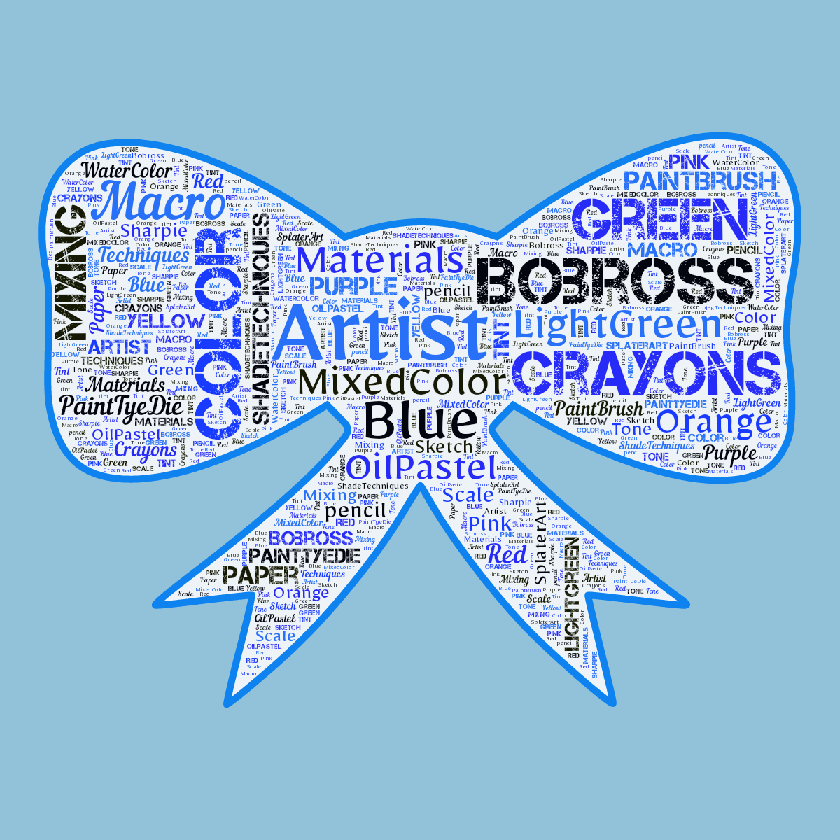 Word cloud in a Bow shape with 30 words like Artist, Blue and Bobross in blue and black.