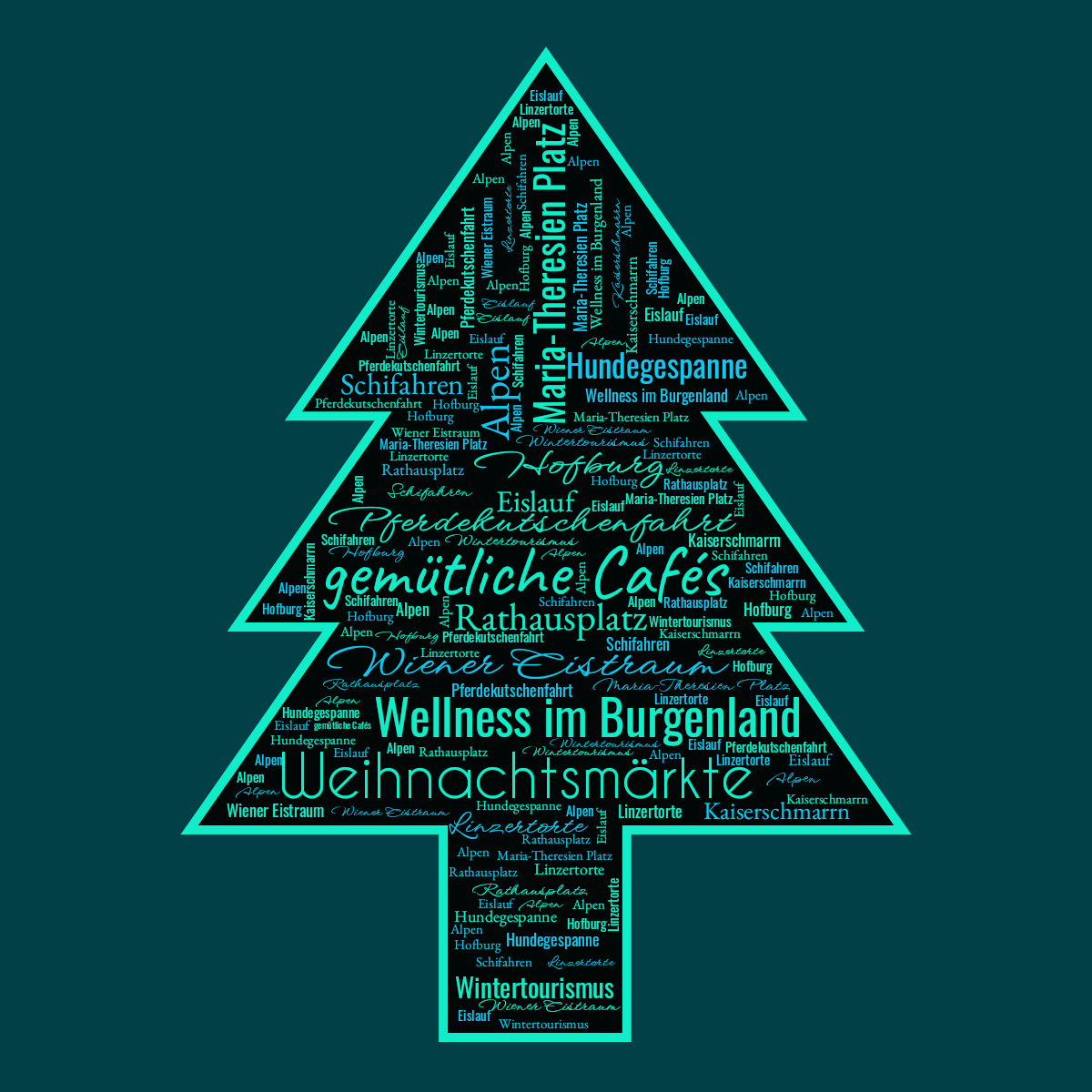 Word cloud in a Christmas Tree shape with 13 words like Wellness im Burgenland, Wiener Eistraum and Pferdekutschenfahrt in blue and black.