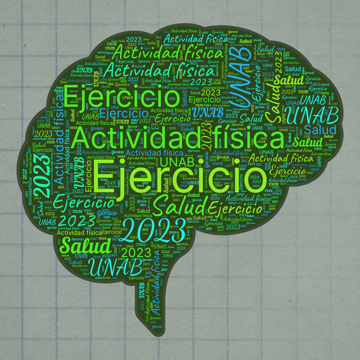 Word cloud in a Brain shape with 5 words like Ejercicio, Actividad física and Salud in green and blue.