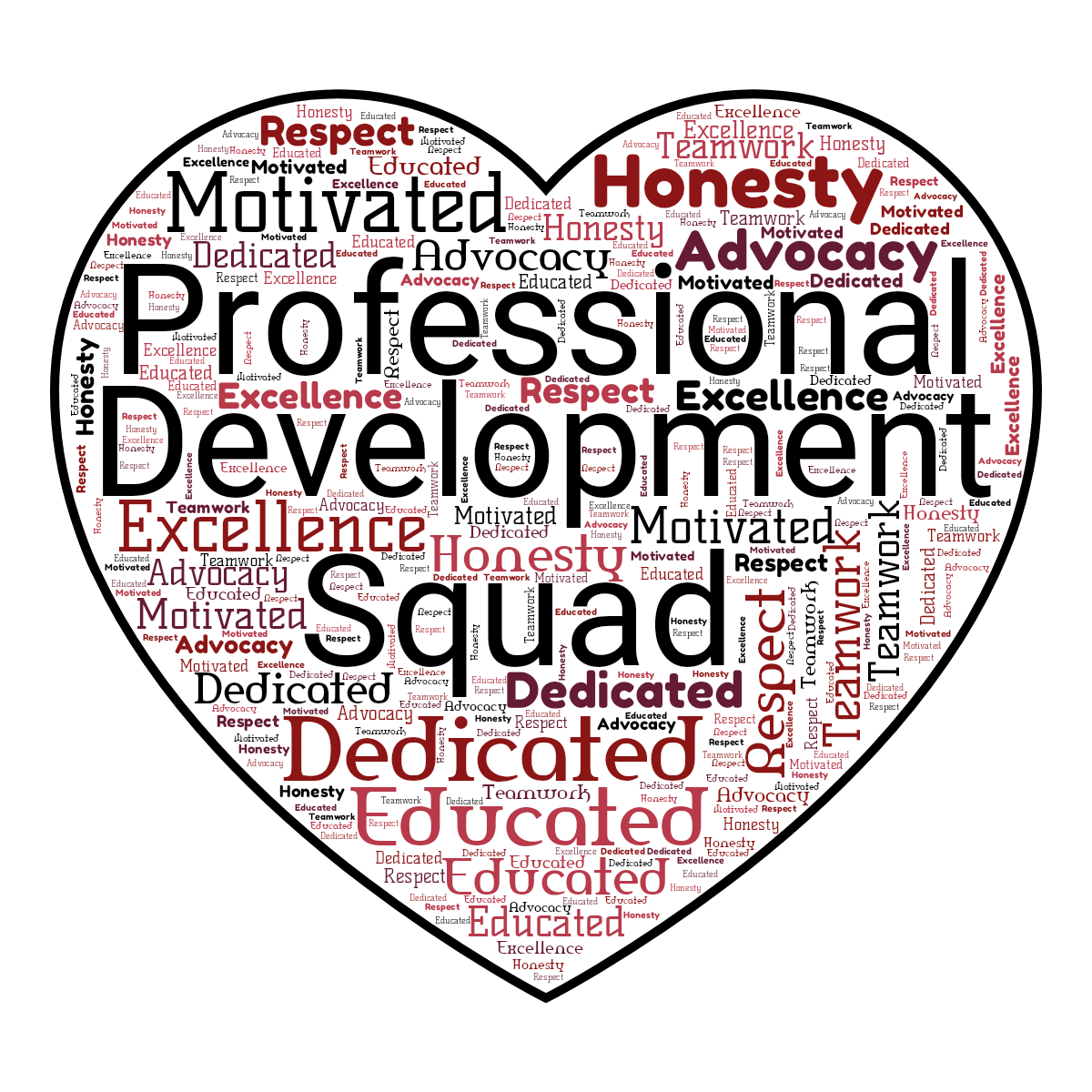 Word cloud in a Heart shape with 8 words like Dedicated, Motivated and Educated in red, black and white.