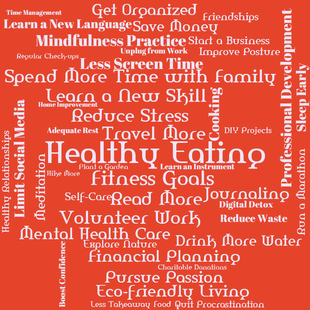 Word cloud with 46 words like Healthy Eating, Fitness Goals and Travel More in purple and red.