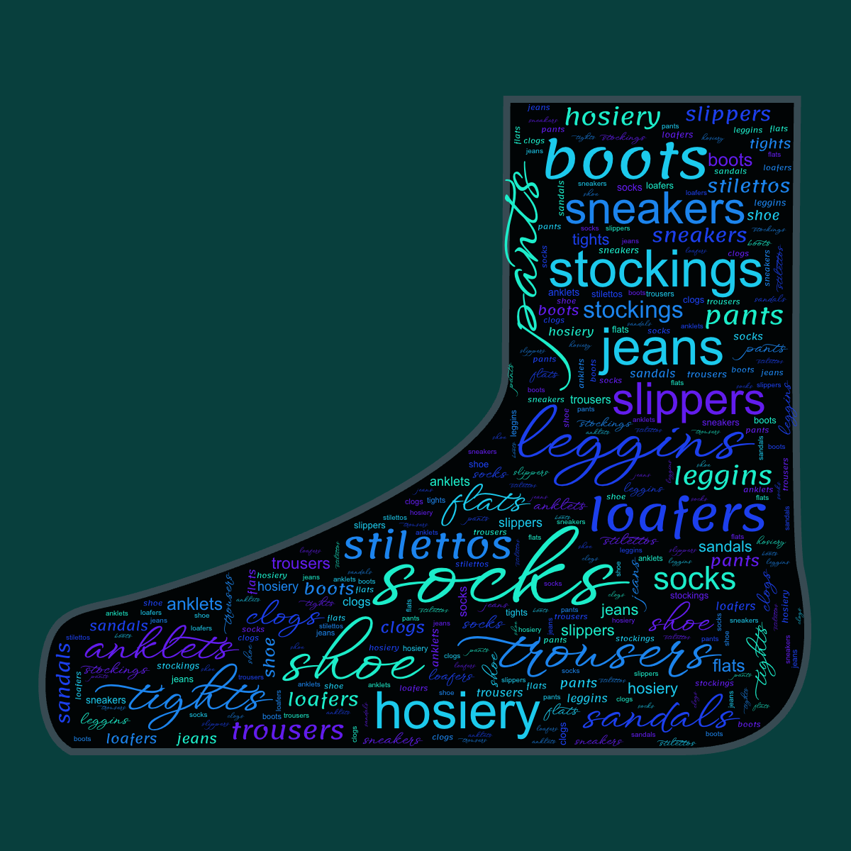Word cloud in a Foot shape with 21 words like socks, shoe and leggins in blue, purple and black.