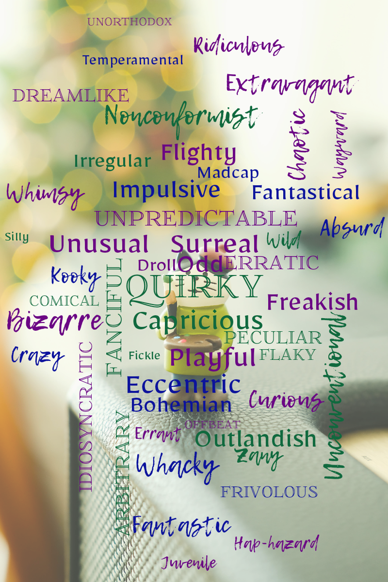 Word cloud with 50 words like Quirky, Capricious and Fanciful in green, blue and purple.