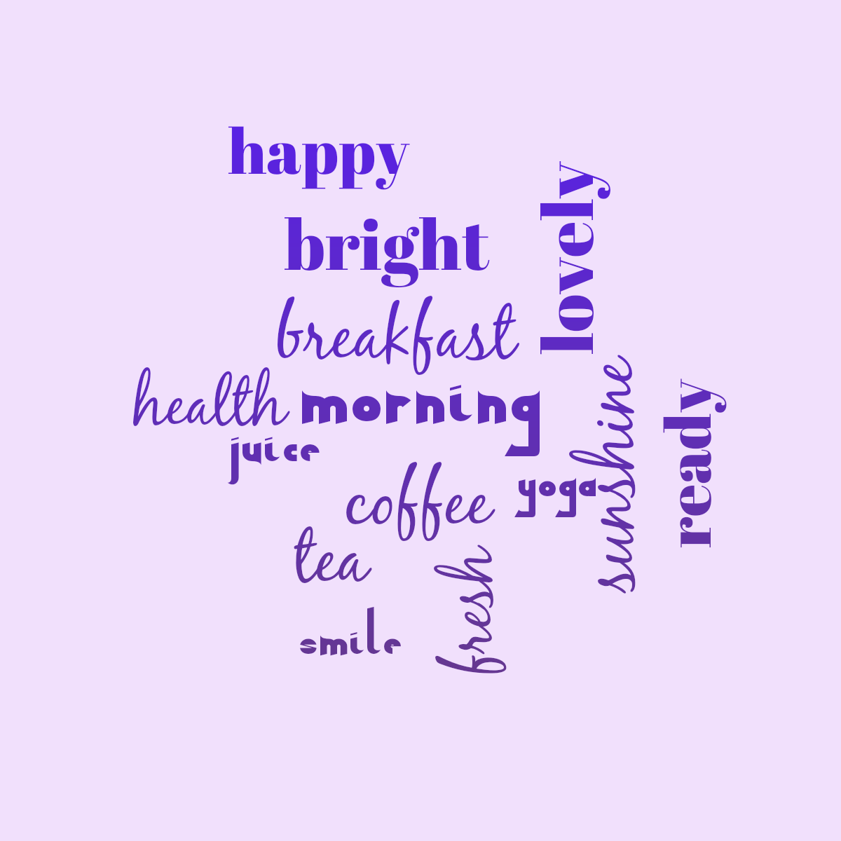 Word cloud with 14 words like MORNING, breakfast and coffee in blue and purple.