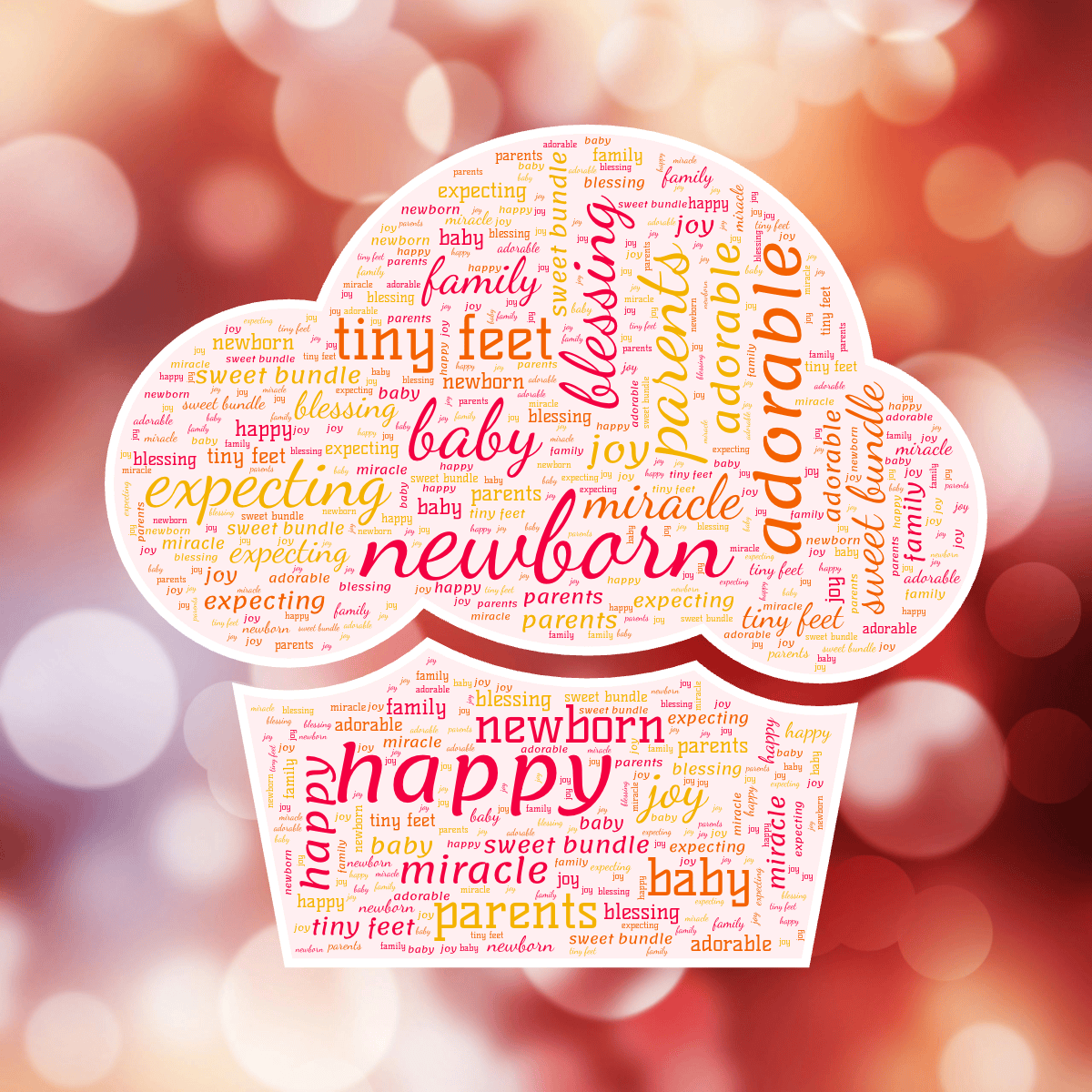 Word cloud in a Cupcake shape with 12 words like newborn, baby and parents in red, orange and white.