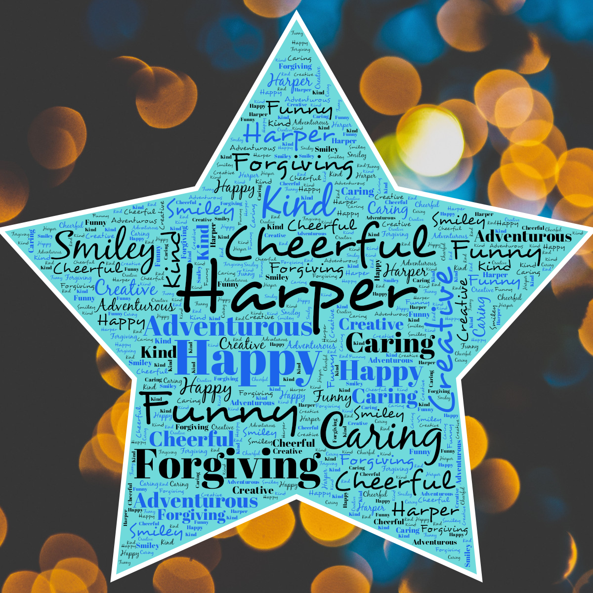 Word cloud in a Star shape with 10 words like Harper, Cheerful and Happy in black, blue and white.