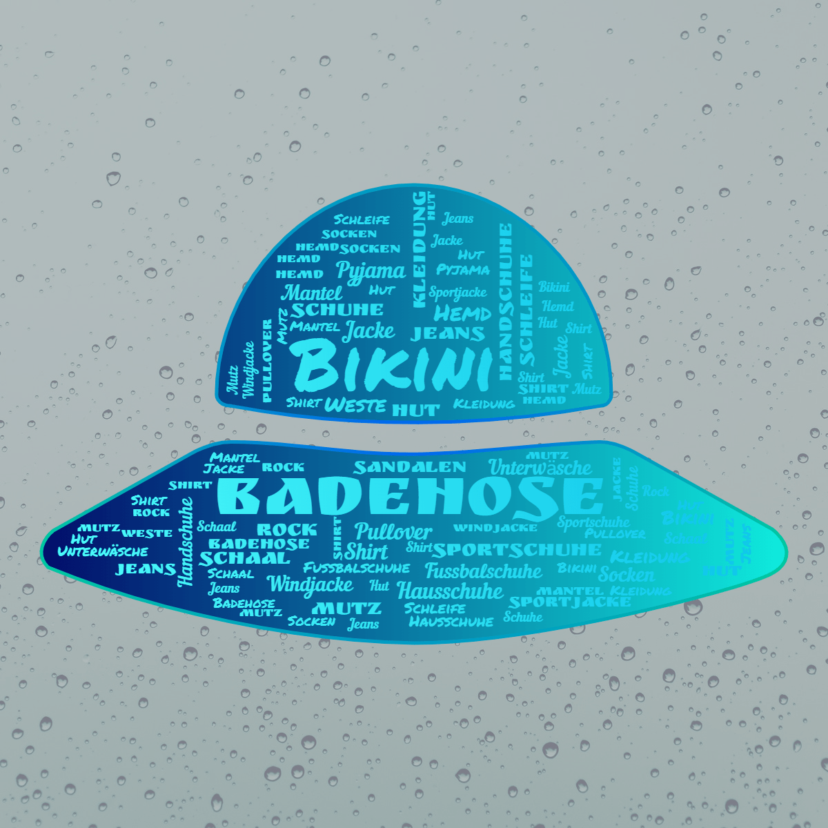 Word cloud in a Hat shape with 26 words like Badehose, Bikini and Handschuhe in blue and green.
