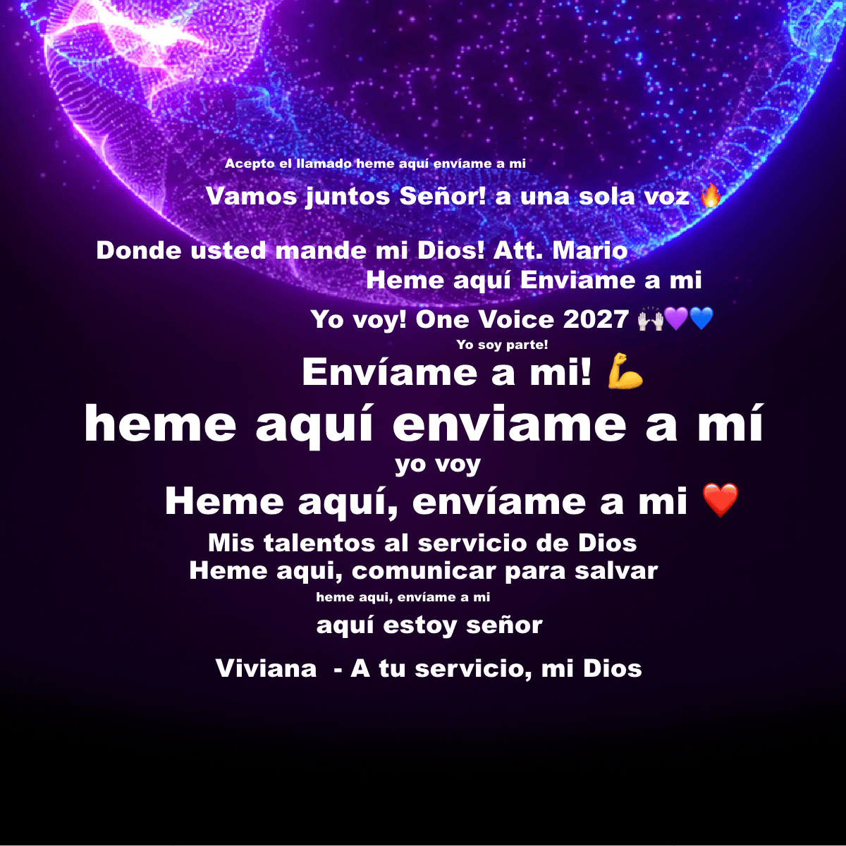 Collaborative word cloud with 15 words like heme aquí enviame a mí, Envíame a mi! 💪 and Heme aquí, envíame a mi ❤️ in white.