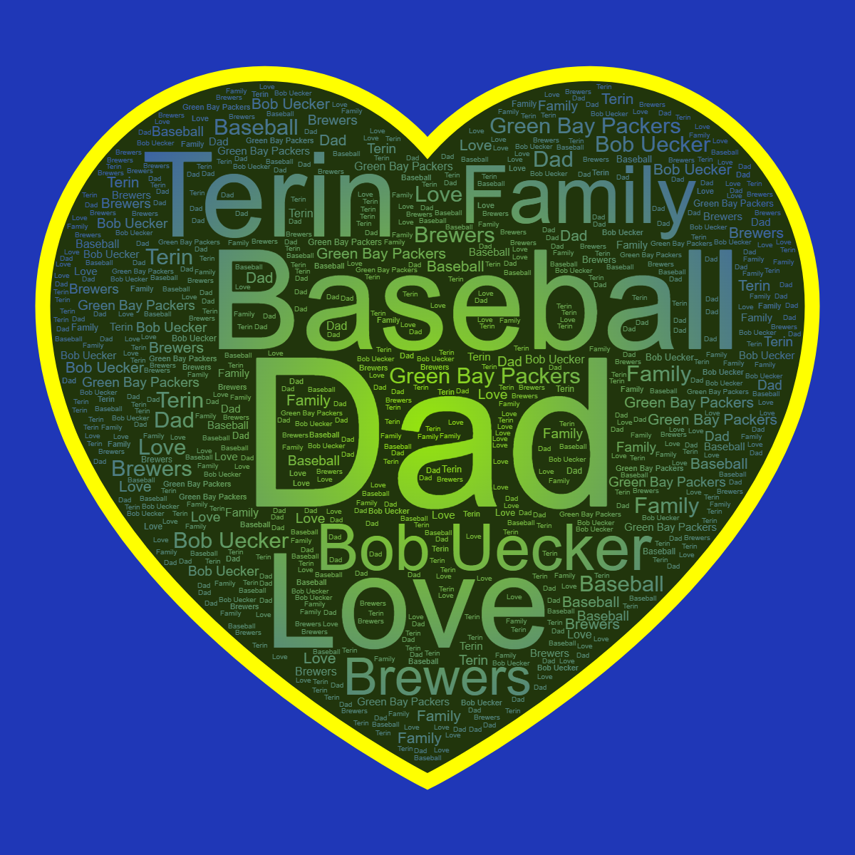 Word cloud in a Heart shape with 8 words like Dad, Baseball and Love in green, blue and yellow.