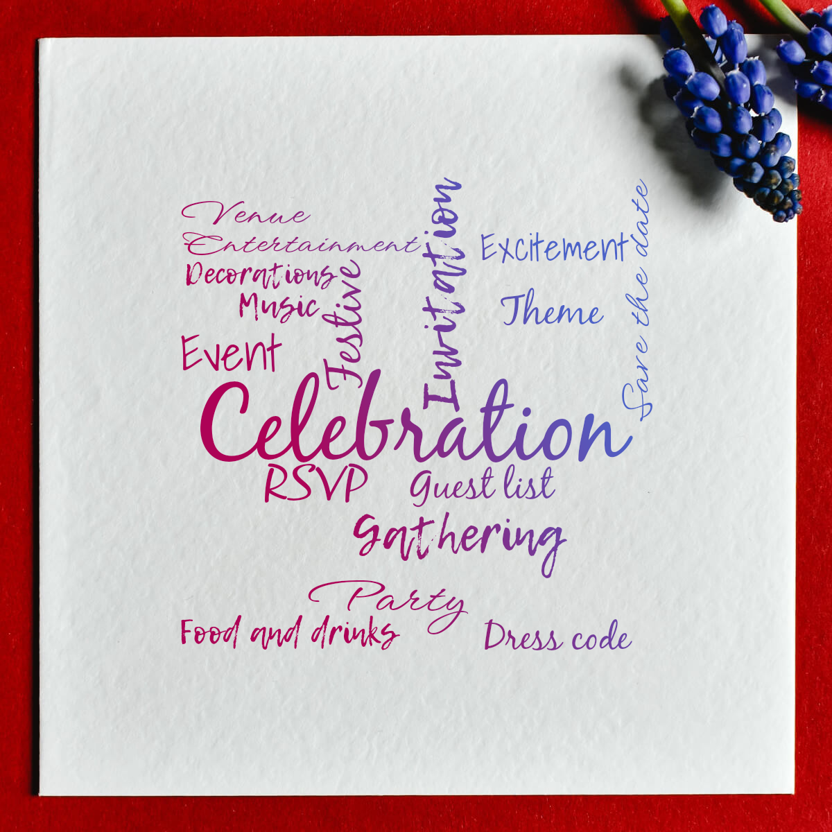 Word cloud with 17 words like Celebration, Invitation and RSVP in pink and blue.