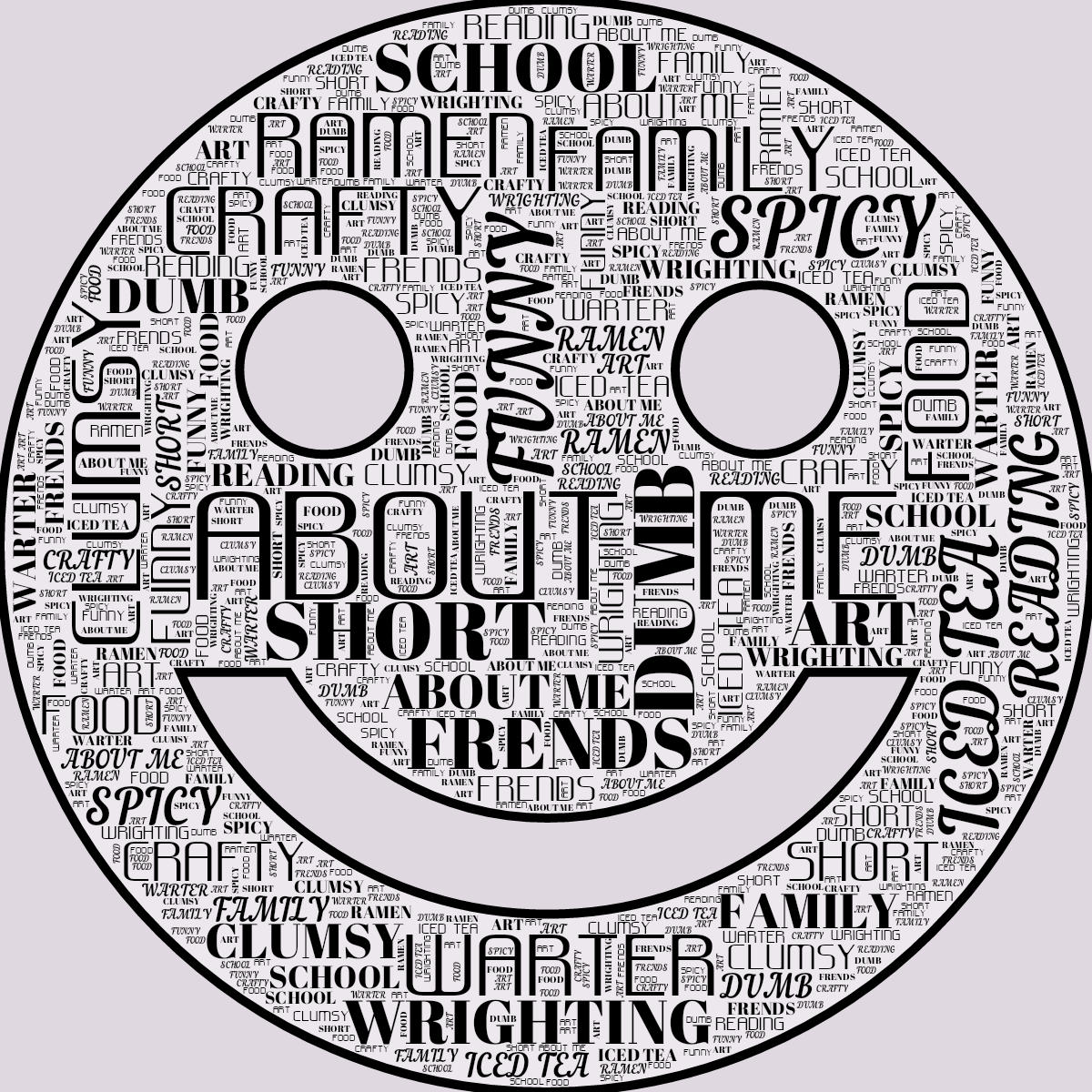 Word cloud in a Smiling Face shape with 17 words like ABOUT ME, CLUMSY and DUMB in black and purple.