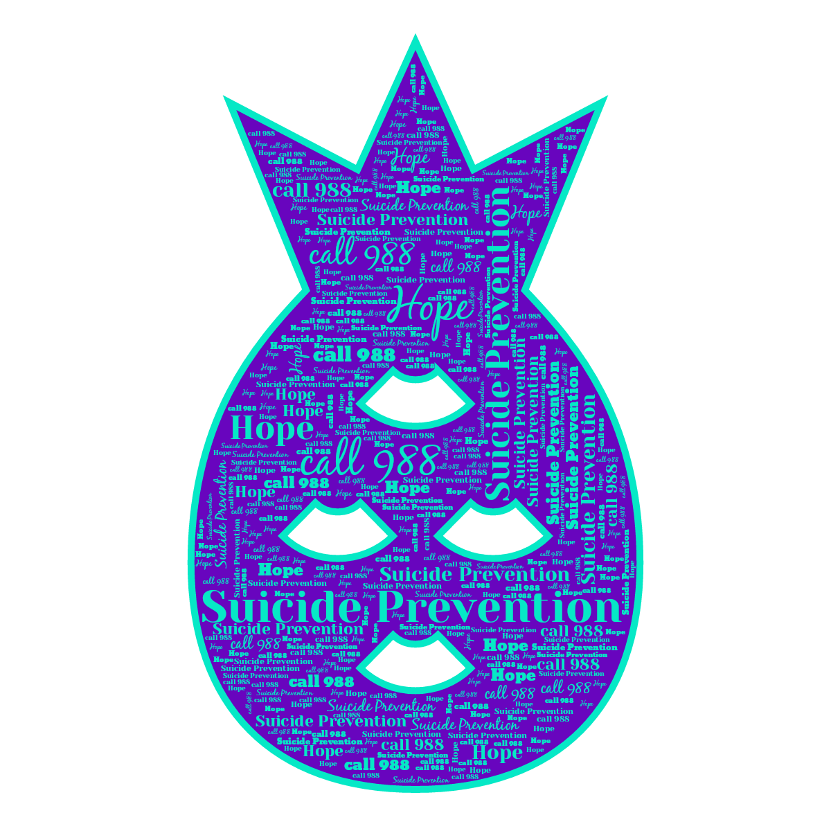 Word cloud in a Pineapple shape with 3 repeated words like Suicide Prevention, call 988 and Hope in blue and purple.