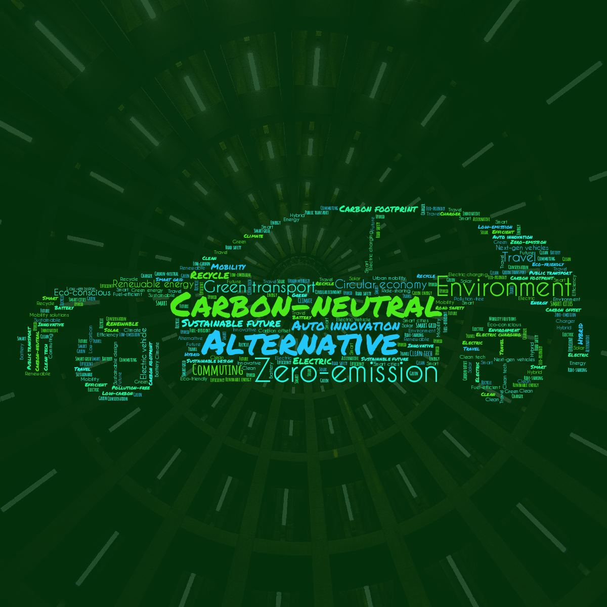 Word cloud in a custom shape with 51 words like Electric, Hybrid and Green in bright green and blue.