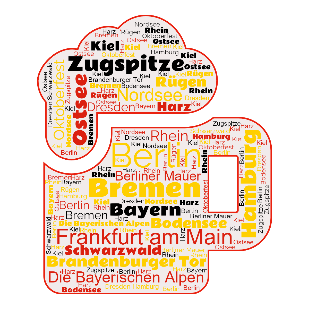 Word cloud in a Beer Glass shape with 19 words like Berlin, Bremen and Frankfurt am Main in multicolor.