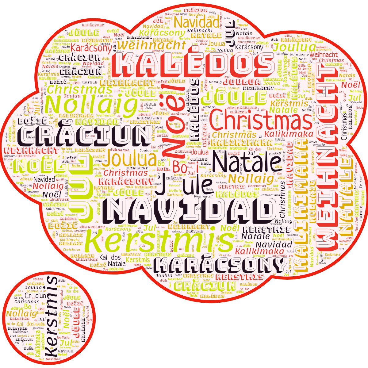 Word cloud in a Thought Bubble shape with 15 words like Božić, Christmas and Crăciun in multicolor.