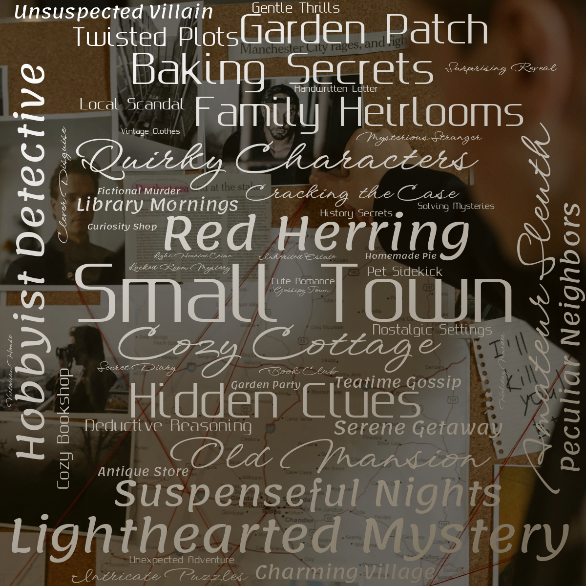 Word cloud with 50 words like Small Town, Cozy Cottage and Amateur Sleuth in white and orange.