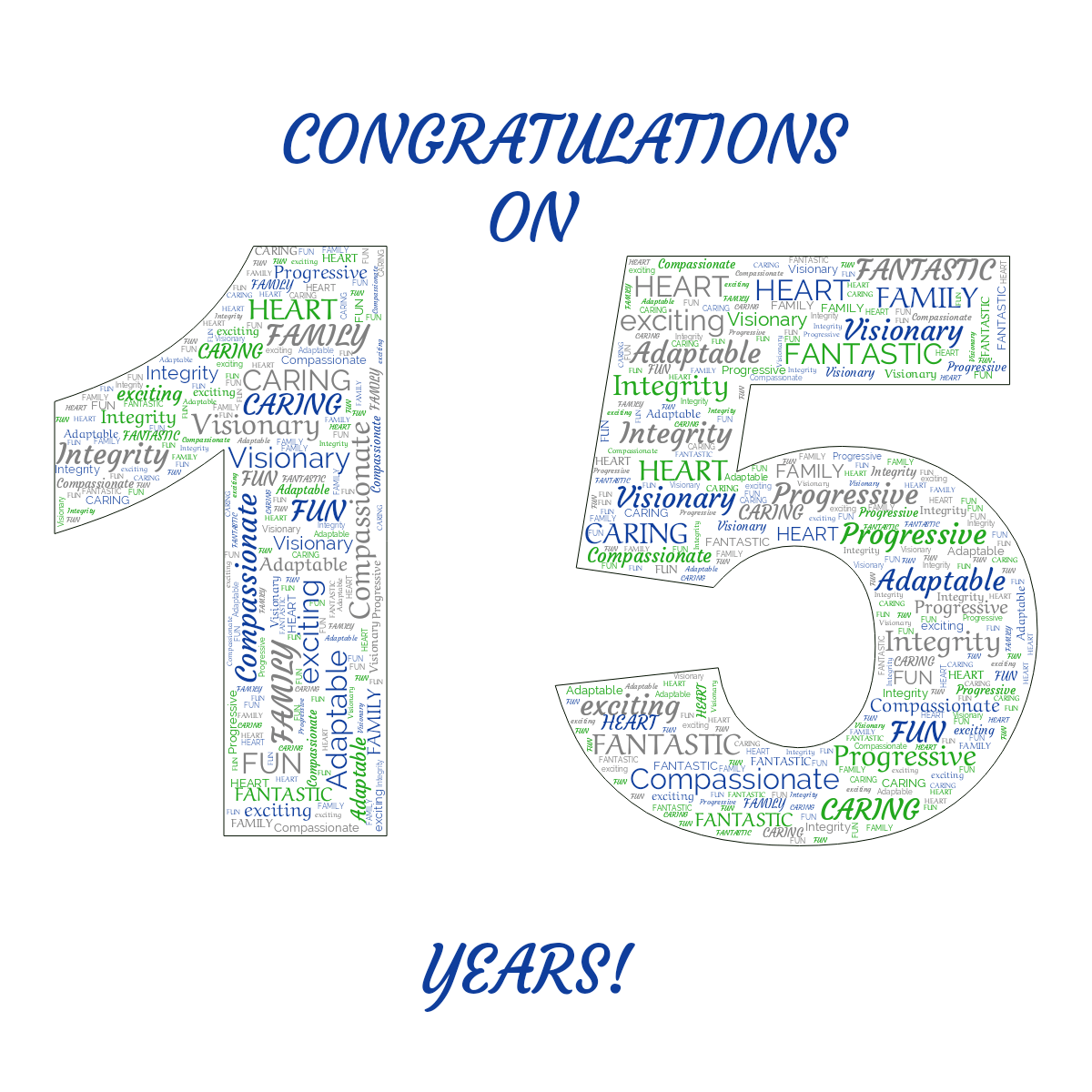 Word cloud in the shape of the number 15 with 11 words like exciting, Compassionate and Adaptable in multicolor.